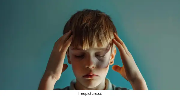 Little boy with a black eye holding his head in pain