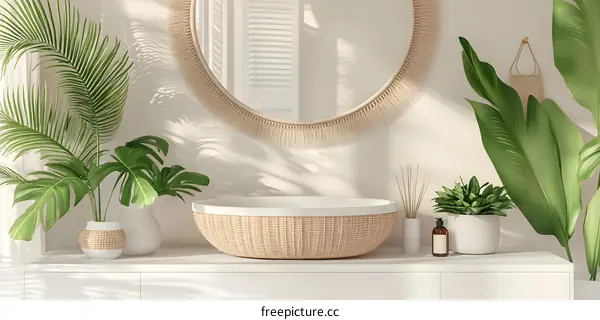 Minimalist Bathroom Interior Design With Plants and a Wicker Sink
