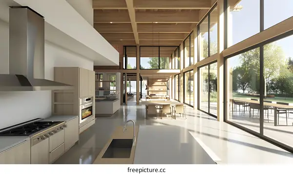 Modern Kitchen Design with Large Windows and Wooden Beams