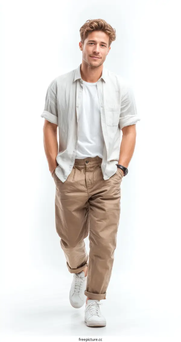 Casual Man in Beige Shirt and Pants