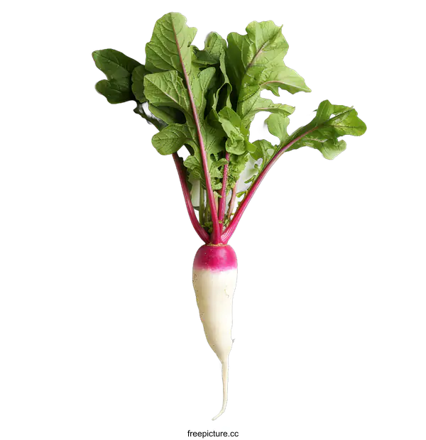 [Transparent Background PNG]Fresh White Turnip with Green Leaves Isolated on White Background
