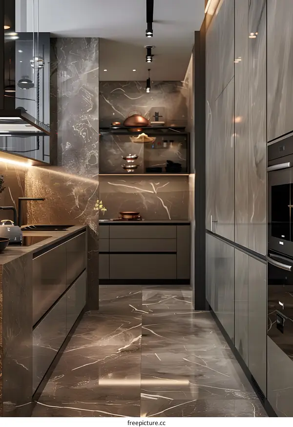 Modern Kitchen Design with Marble and Wood Cabinets