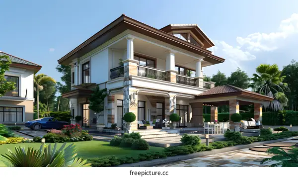 A beautiful house with a pool and a garden