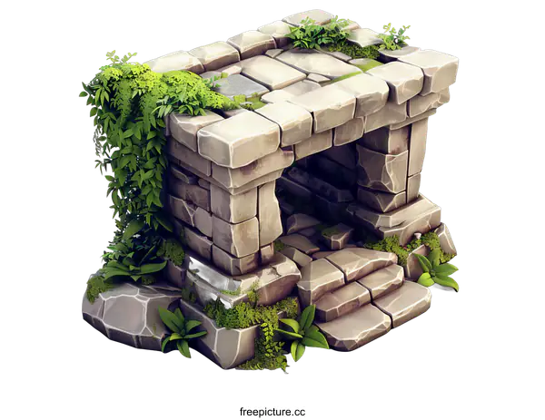 [Transparent Background PNG]ancient stone temple ruin overgrown with moss and vines