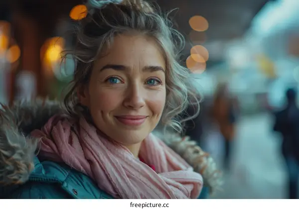 portrait of a smiling woman with blue eyes and blonde hair wearing a scarf