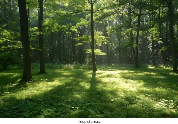 Sunlight Shining Through Trees in Green Forest