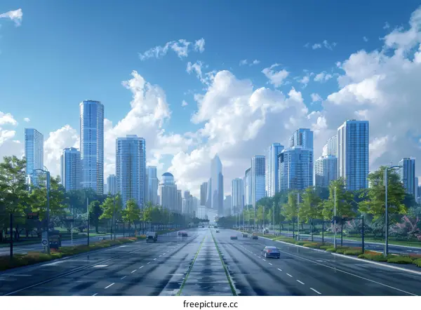 Modern Cityscape with Skyscrapers and Road