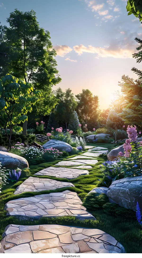 Garden path at sunset