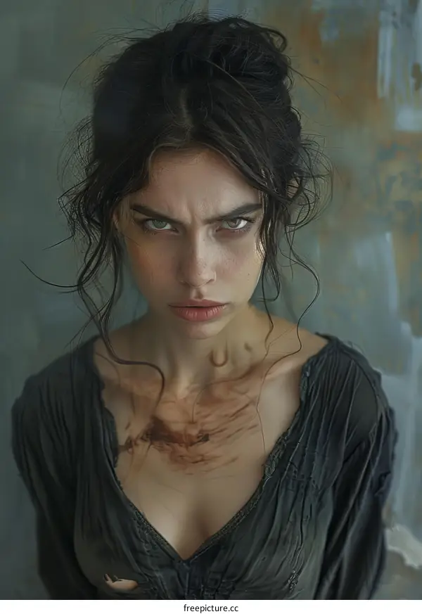 Portrait of a Woman with Dark Hair and a Scowl