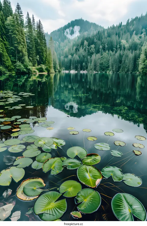 Green leaves floating on a calm lake surrounded by green hills