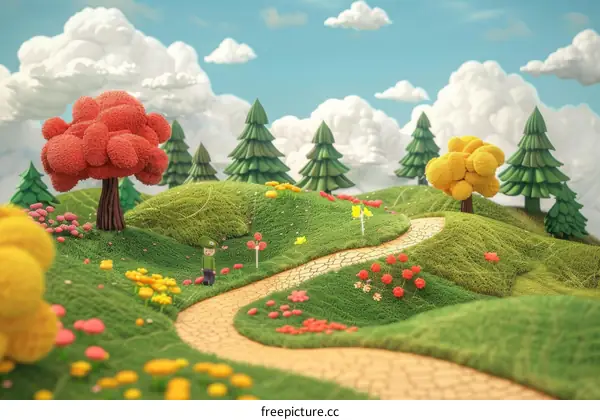 A 3D rendering of a cartoon character walking through a grassy field