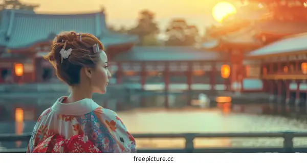 A woman in a kimono standing in a traditional Japanese garden