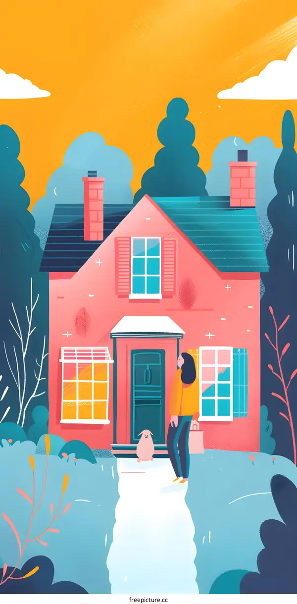 Woman Walking Home with Dog in Illustration