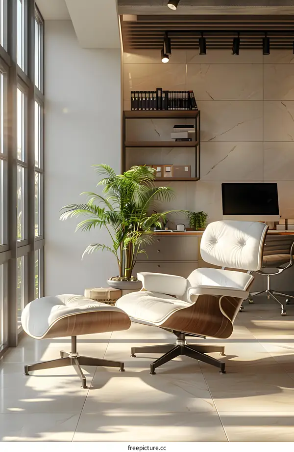 Modern home office interior design with white leather chair and green plants