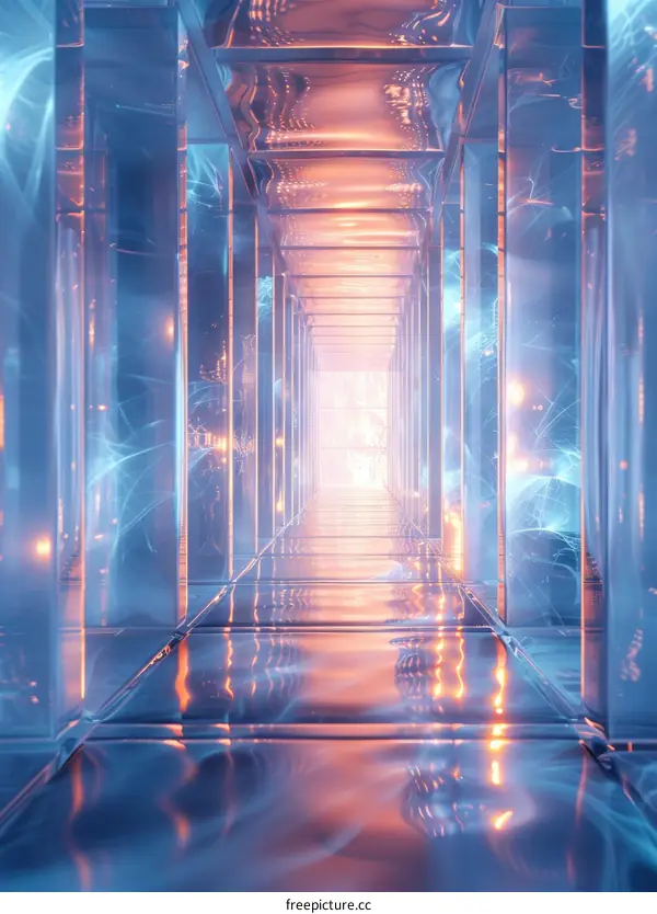 Futuristic Sci-Fi Glowing Blue and Orange Crystal Glass Hallway