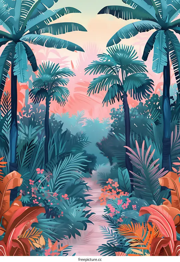 Tropical Rainforest Illustration With Lush Greens And Pink Sunset