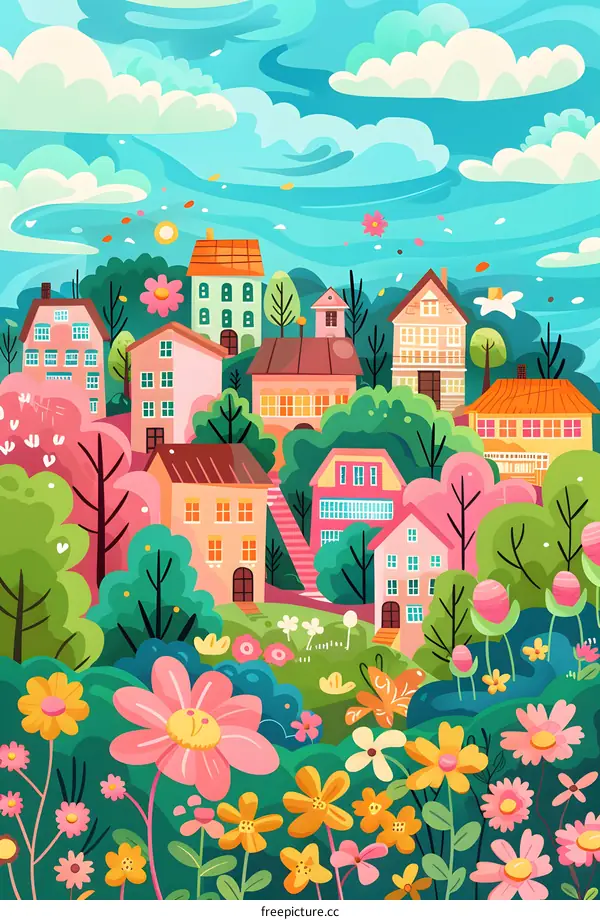 Colorful Cartoon Illustration of a Spring Village