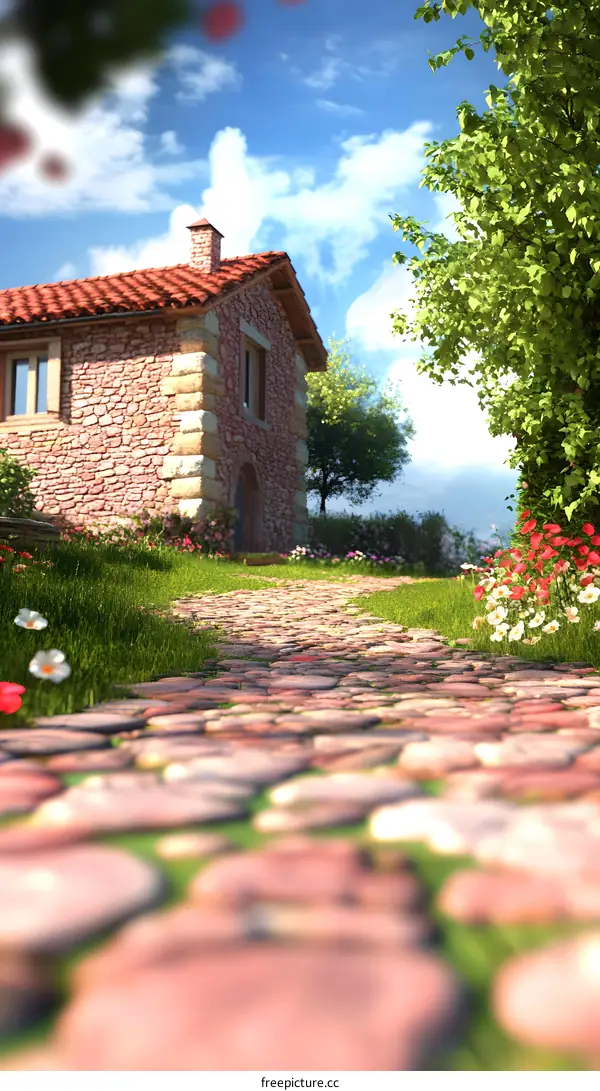 Stone Path Leading to a Stone Cottage in the Countryside