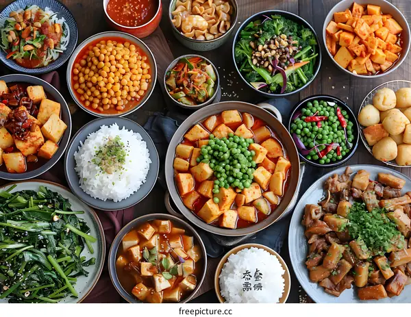 Assorted Korean Dishes on a Wooden Table