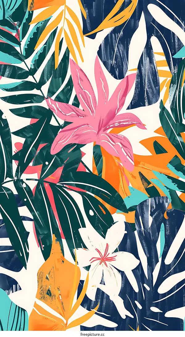 Tropical Leaves and Flowers Seamless Pattern