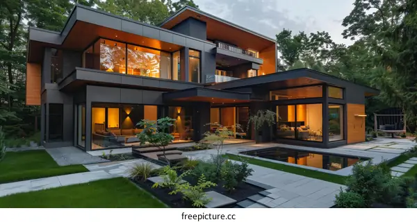Black and wooden modern house with huge glass windows