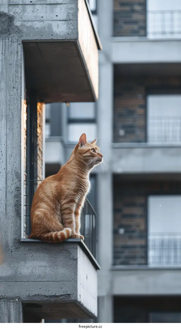 Ginger Cat Perched on a Concrete Balcony Railing