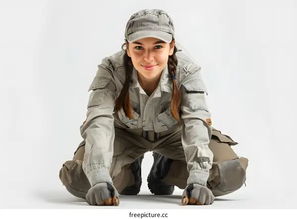 Woman in Workwear Kneeling
