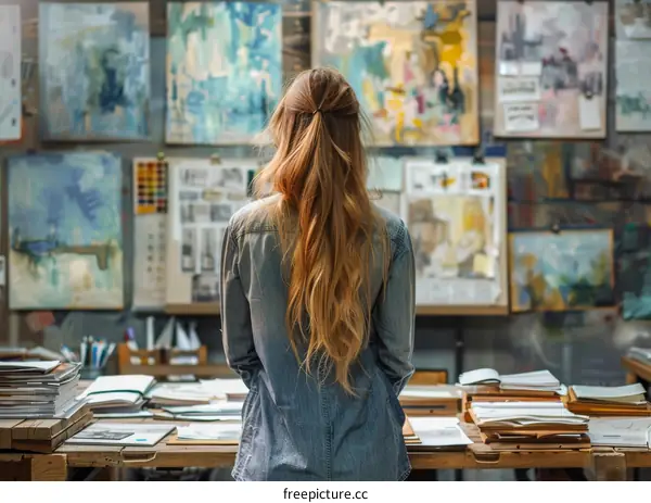 Woman in an Art Studio looking at paintings