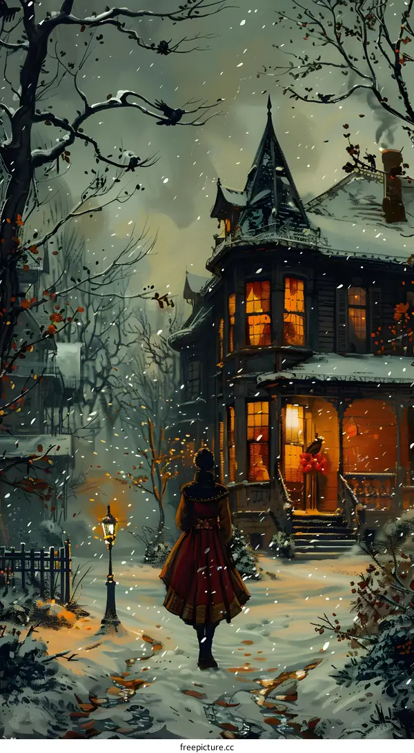 A woman walking in the snow past a Victorian style house
