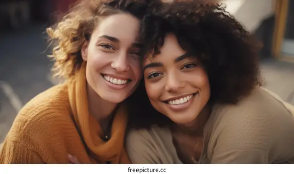 Two young multiracial women smiling at each other