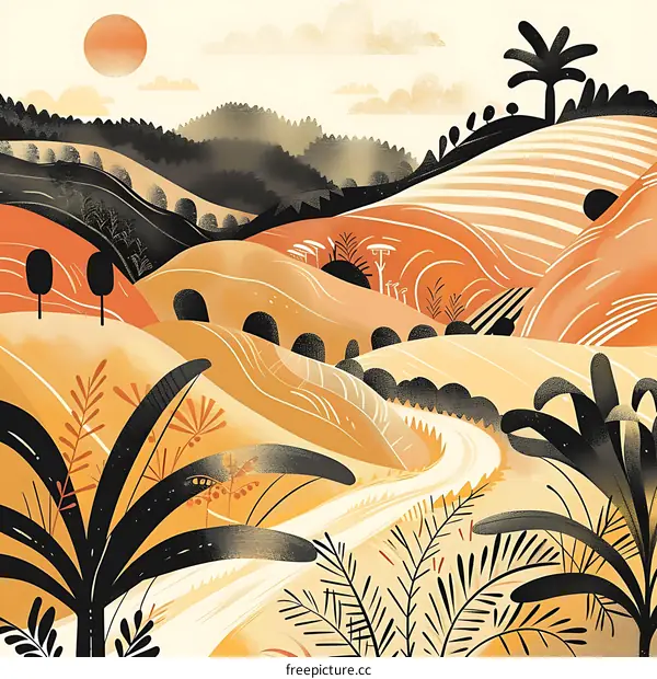 Winding Road Through Golden Hills Landscape Illustration