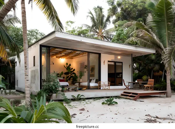 Modern Concrete Cabin with Tropical Palm Trees and Patio