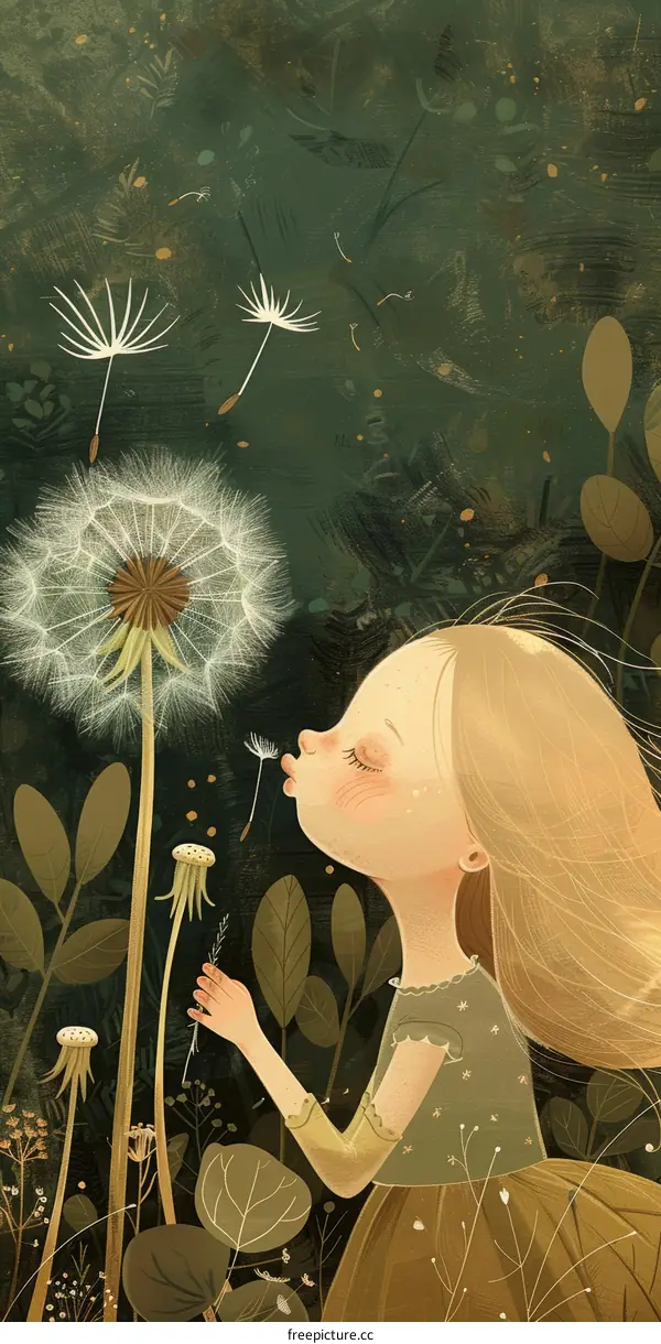 Little girl blowing dandelion seeds in a field