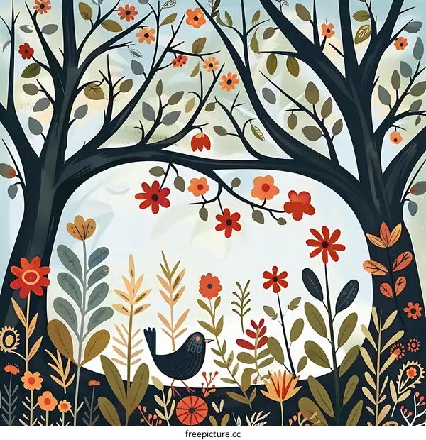 Spring Floral Illustration with a Bird