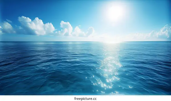 Blue ocean with white clouds and sun shining