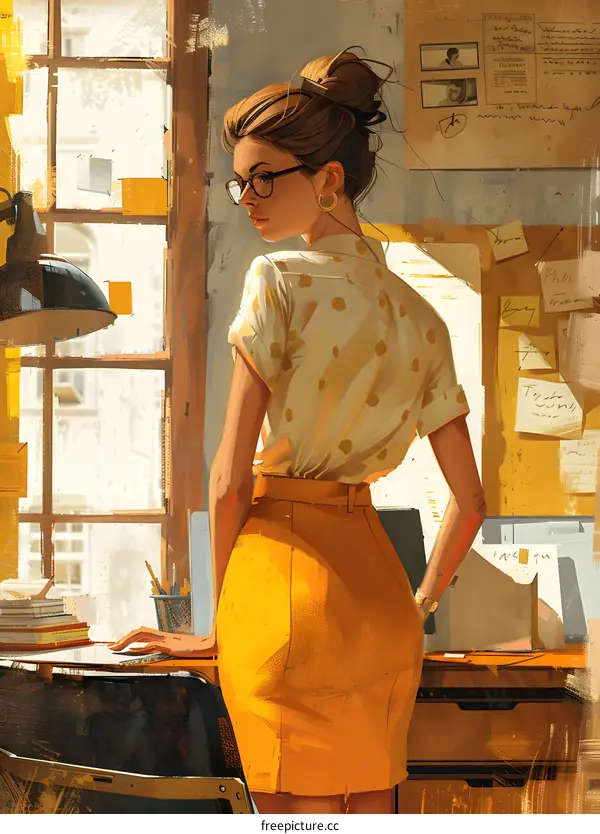 A woman in a yellow skirt and white blouse stands in front of a window.