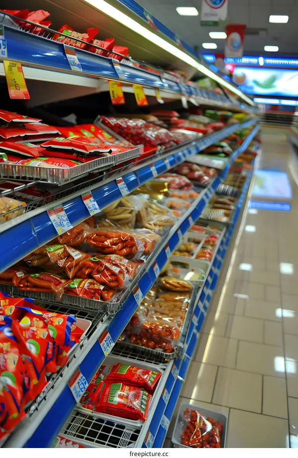 Closeup of Grocery Store Shelf with Sausage and Meat