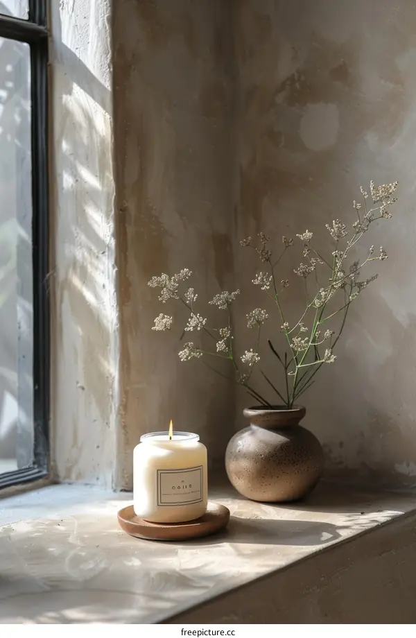 Serene Still Life with Flowers and Candle