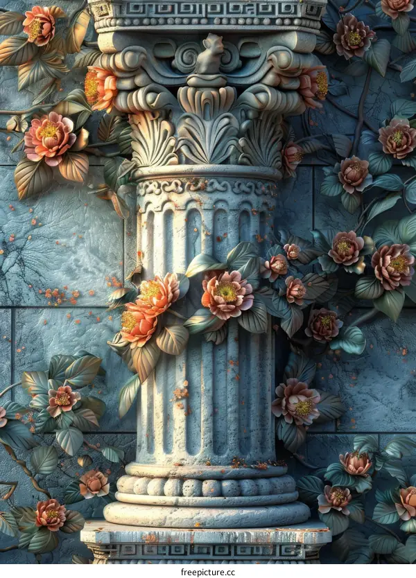 Ornate Stone Column Decorated with Blossoms