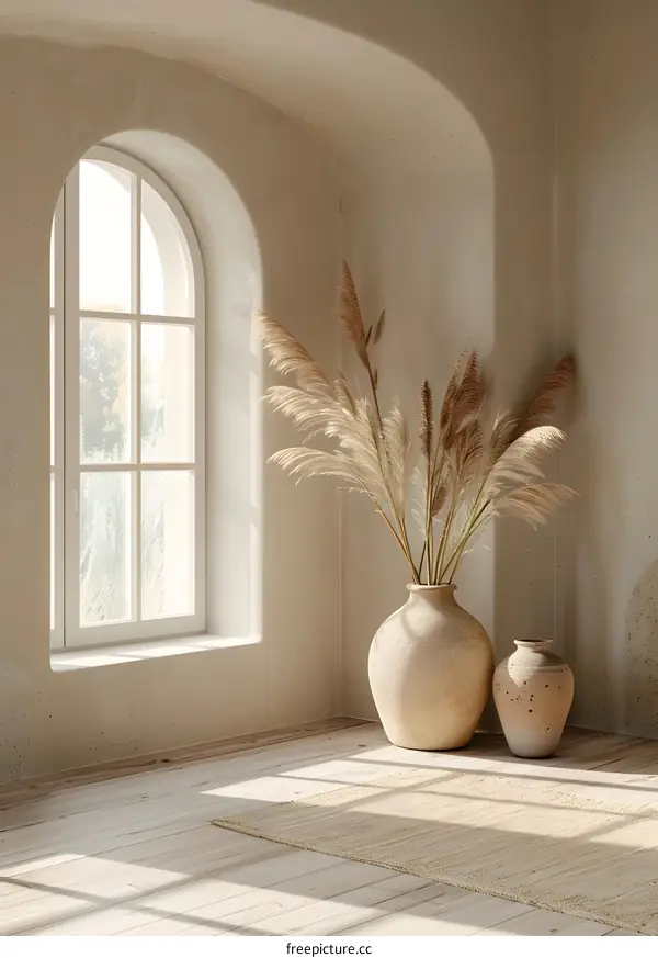 Minimalist Interior Design with Arched Window and Dried Flowers in Vase