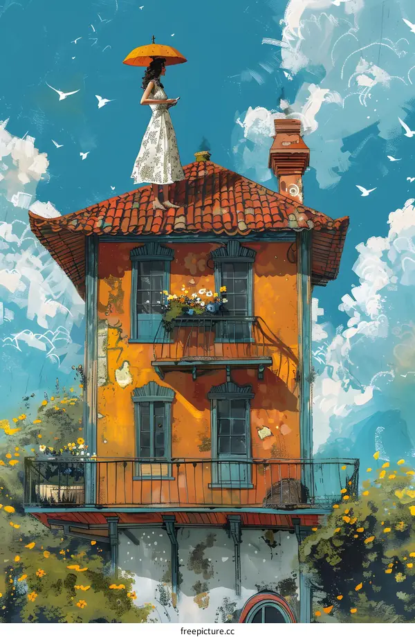 girl with umbrella standing on the rooftop of a building reading a book