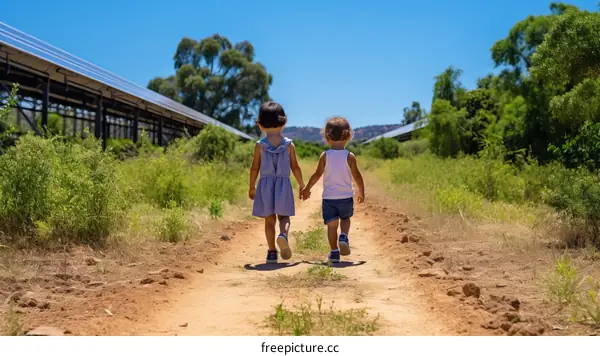Two children are walking hand-in-hand through a field of solar panels