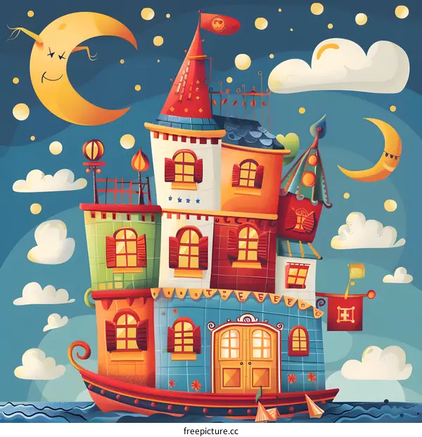 Colorful Cartoon House on Sea with Moon