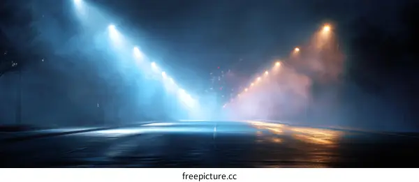 Mysterious Foggy Night Road Scene Under Light