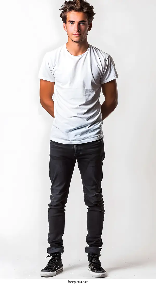 Young Man in White T-shirt and Black Jeans