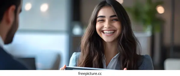 Smiling Woman Holding Tablet in Meeting