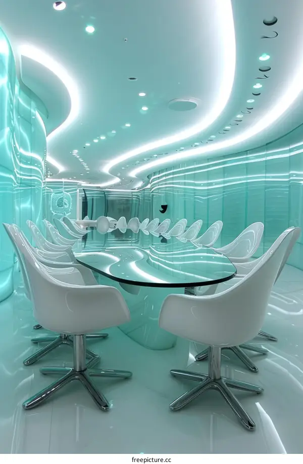 Futuristic conference room interior with glass walls and chairs