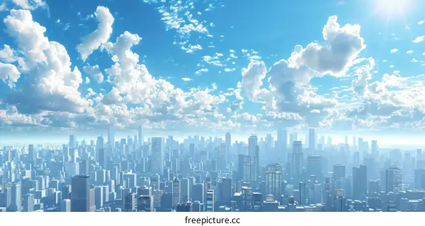 Modern City Skyline with Blue Sky and White Clouds