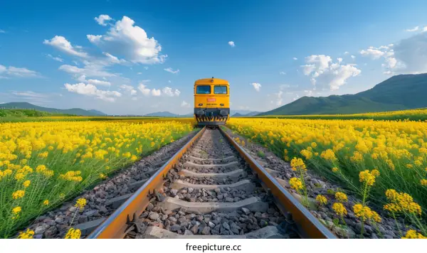 Yellow Train Tracks Through A Field Of Yellow Flowers