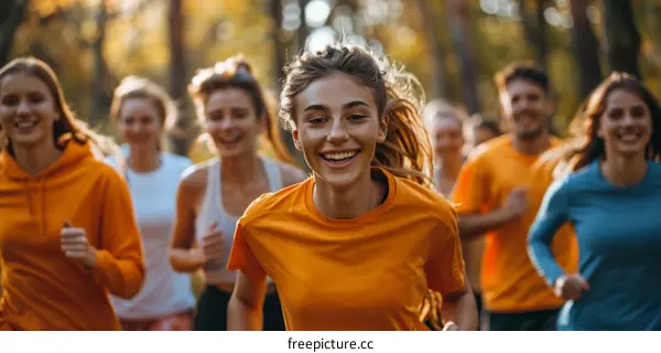 A group of young people are running in a forest